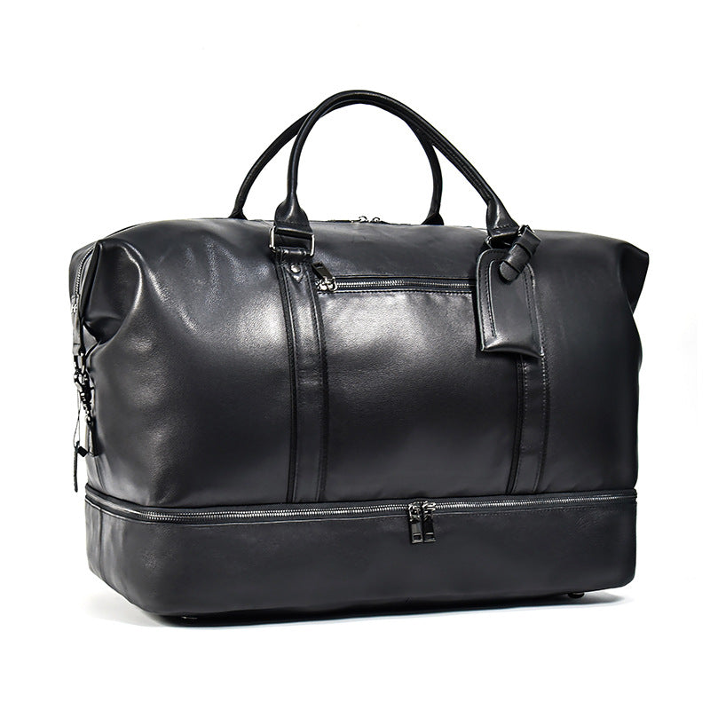 20-Inch Black Genuine Leather Large Capacity Travel Duffle, Gym Top Handle Weekender, Premium Cowhide Luggage Bag for Men and Women