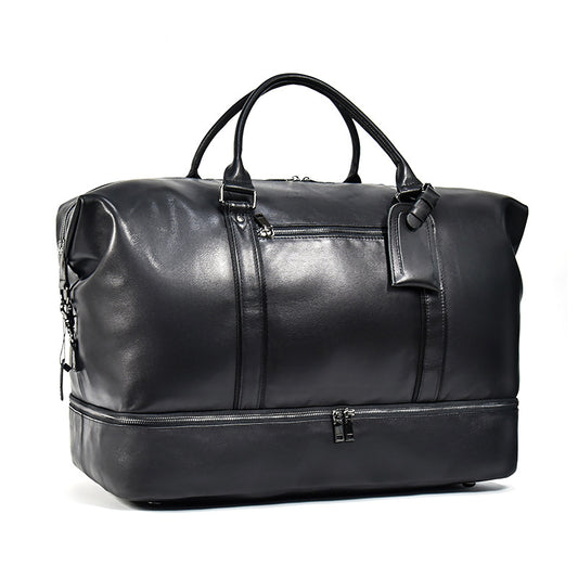 20-Inch Black Genuine Leather Large Capacity Travel Duffle, Gym Top Handle Weekender, Premium Cowhide Luggage Bag for Men and Women