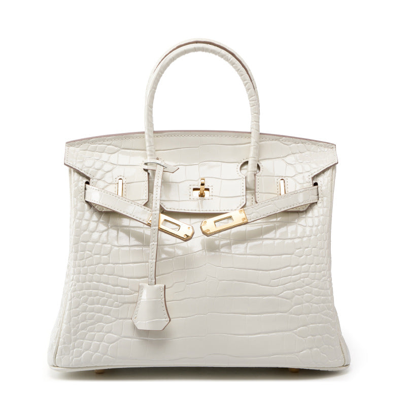 Genuine White Top Layer Cowhide Crocodile-Embossed Birkin-Style Bag for Women, Large Capacity Commute Top Handle Shoulder Purse, Premium Handbag for Ladies
