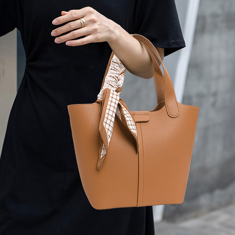 New Soft Leather Basket Bag, Versatile Solid Color Cowhide Top Handle Purse, Fashionable Handbag for Women