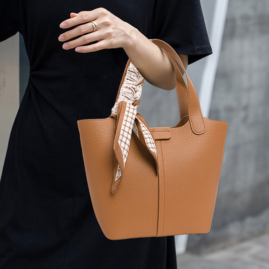 New Soft Leather Basket Bag, Versatile Solid Color Cowhide Top Handle Purse, Fashionable Handbag for Women