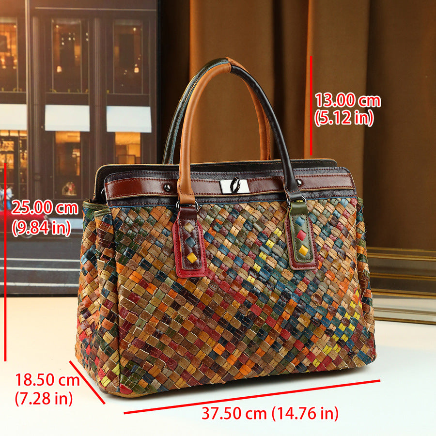 Woven Genuine Leather Tote Bag for Women Large Capacity Travel Shoulder Crossbody Handbag, Versatile Everyday Carryall with Artisan Woven Detail