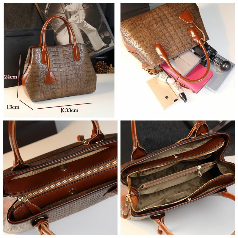 New Arrival Croc-Effect Genuine Leather Large Capacity Tote Bag for Women, A Fashionable Shoulder Handbag Perfect for Middle-Aged Moms