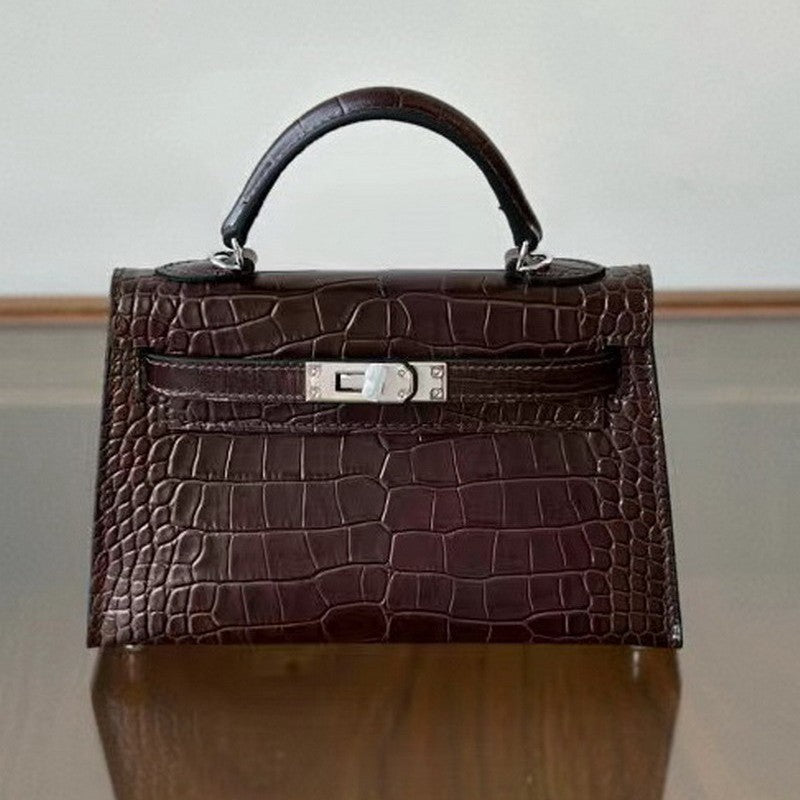 Genuine Leather High-Gloss Crocodile-Embossed Kelly-Style Bag for Women, New 2nd Gen Mini Top Handle Shoulder Purse, Premium Handbag for Ladies