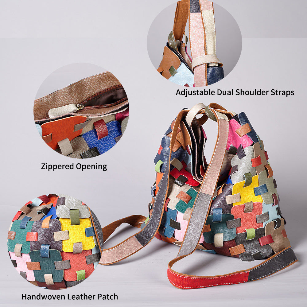 Premium Handcrafted Color-Block Leather Basket Bag for Women | Genuine Leather 2-in-1 Convertible Shoulder Backpack with Vibrant Multi-Color Patchwork | Trendy Casual Everyday Purse for Travel, Shopping & Errands | Unique Artistic Handbag with Versat