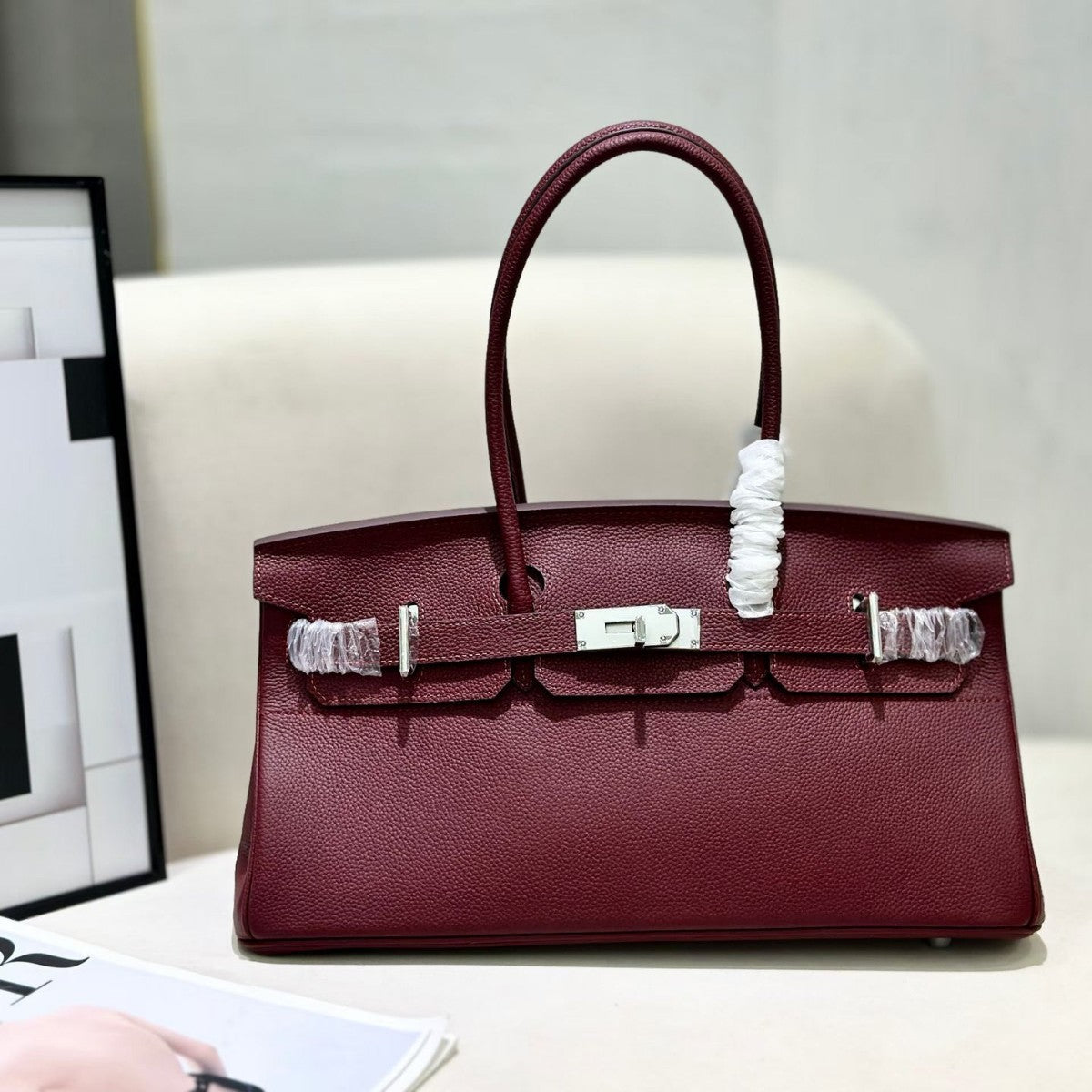 Genuine Togo Leather Birkin-Style Bag for Women, New Classic Vintage Top Handle Handbag, Niche Design Fashionable Versatile Purse for Ladies