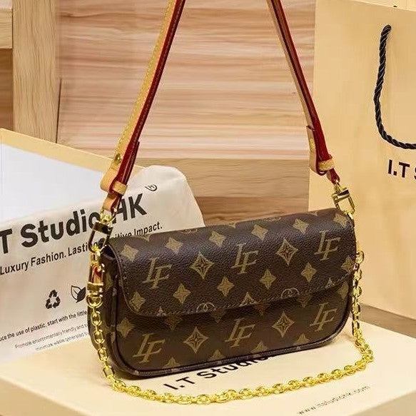 Genuine Leather Monogram Small Square Crossbody Bag for Women, New Spring Summer Classic Shoulder Top Handle Purse, Niche Designer Handbag for Ladies