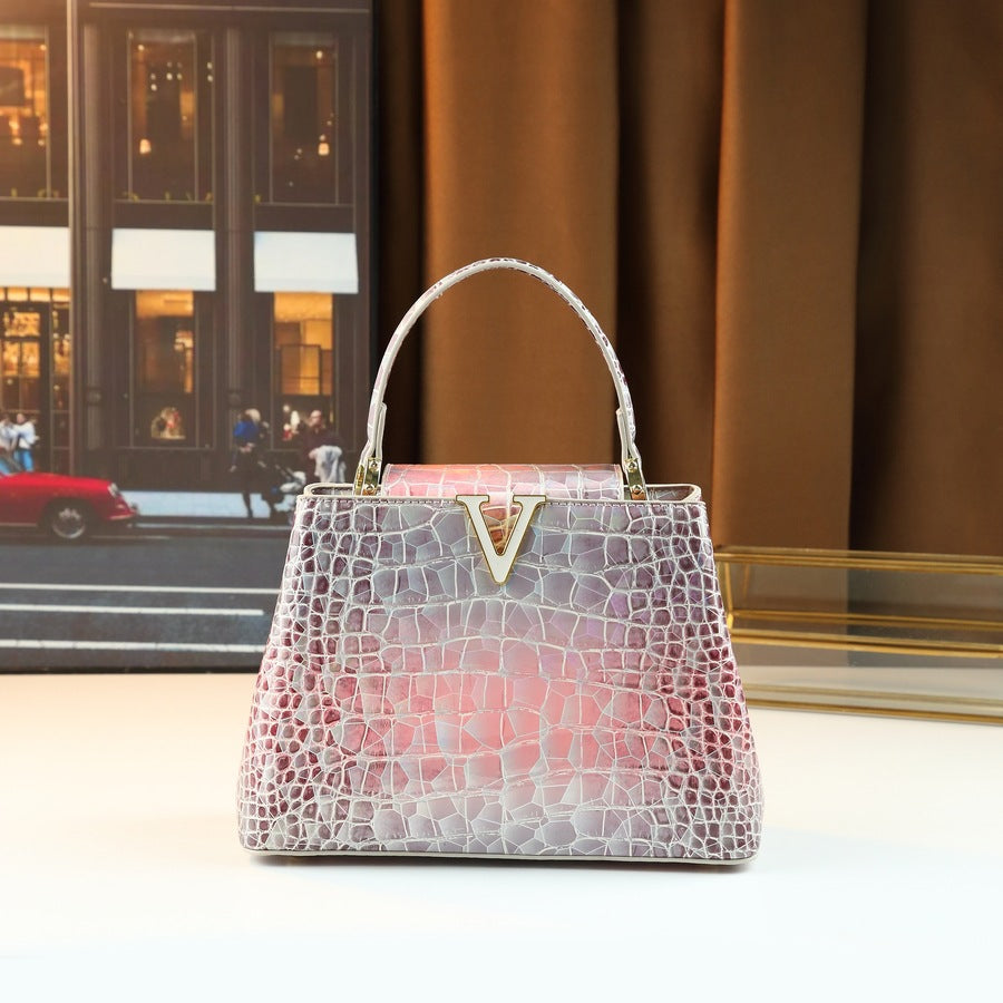 Chic V-Shaped Croc-Effect Small Square Bag for Women, A High-End Versatile Commuter Top-Handle Shoulder Crossbody Handbag, Perfect for Spring/Summer Style