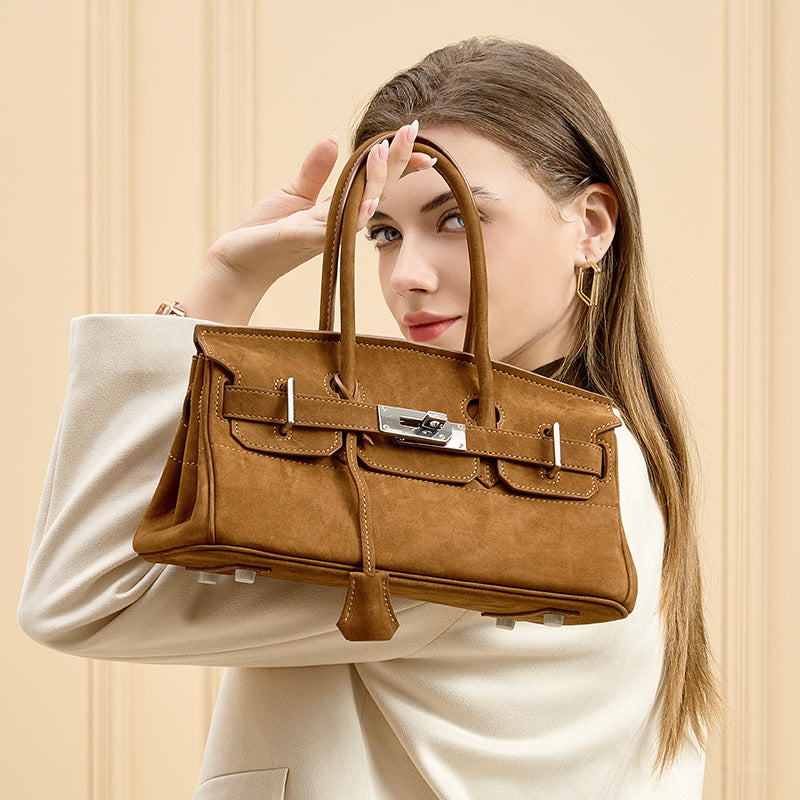 Chic Suede Horizontal Birkin-Inspired Tote Bag for Women, Large Capacity Genuine Leather Handbag with Unique Premium Design, Versatile Everyday Purse