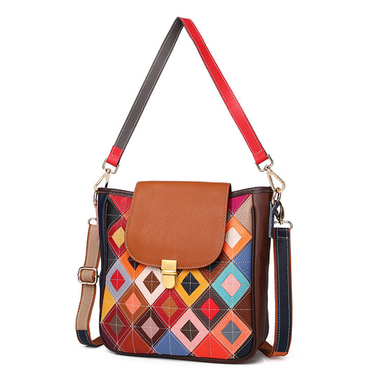 Genuine Top Layer Cowhide Colorful Color Block Shoulder Bag for Women, New Niche Designer Handbag, Trendy Everyday Purse for Ladies
