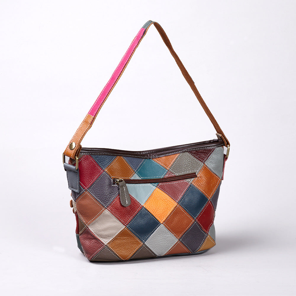 Genuine Cowhide Handmade Patchwork Diamond Quilted Floral Handbag for Women, New Arrival Top Handle Crossbody Purse, Trendy Casual Bag for Ladies