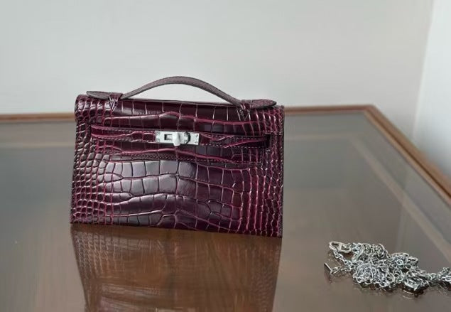 Genuine Leather Crocodile-Embossed Kelly-Style 22cm Bag for Women, 2025 New Small Square Shoulder Crossbody Top Handle Purse, Light Luxury Everyday Handbag for Ladies
