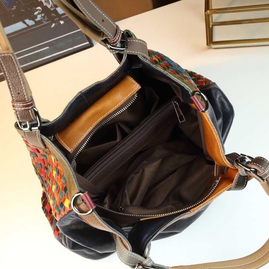 Vintage Woven Tote Bag for Women Top Layer Cowhide Large Capacity Shoulder Crossbody Handbag, Fashion Purse with Artisan Texture