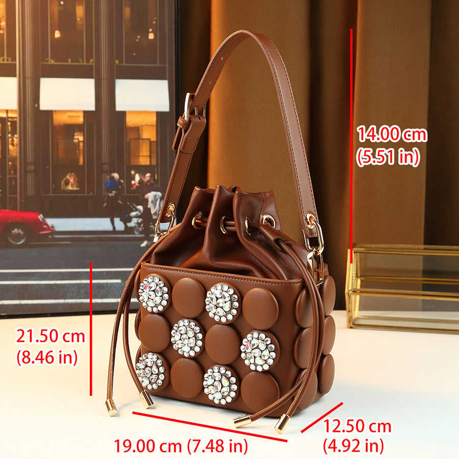 Rhinestone Button Cylinder Bag for Women Handmade Embellished Drawstring Shoulder Crossbody Purse, Unique Sparkling Design with Personality Style