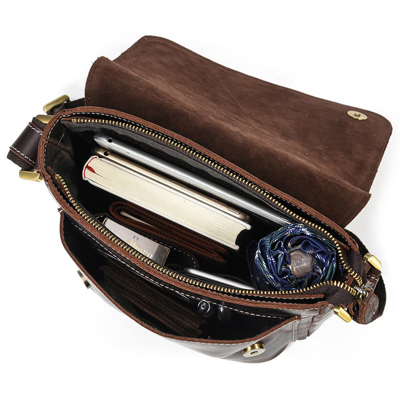 Genuine Top Layer Crazy Horse Cowhide Shoulder Bag for Men, Flap Crossbody Pouch, Casual Outdoor Travel Bag for Gentlemen