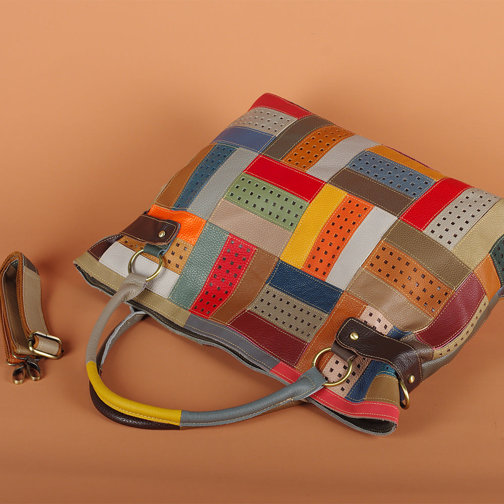 Colorful Stripe Geometric Bag in Genuine Cowhide, Random Color Block Large Capacity Shoulder Crossbody Tote, Stylish Handbag for Women