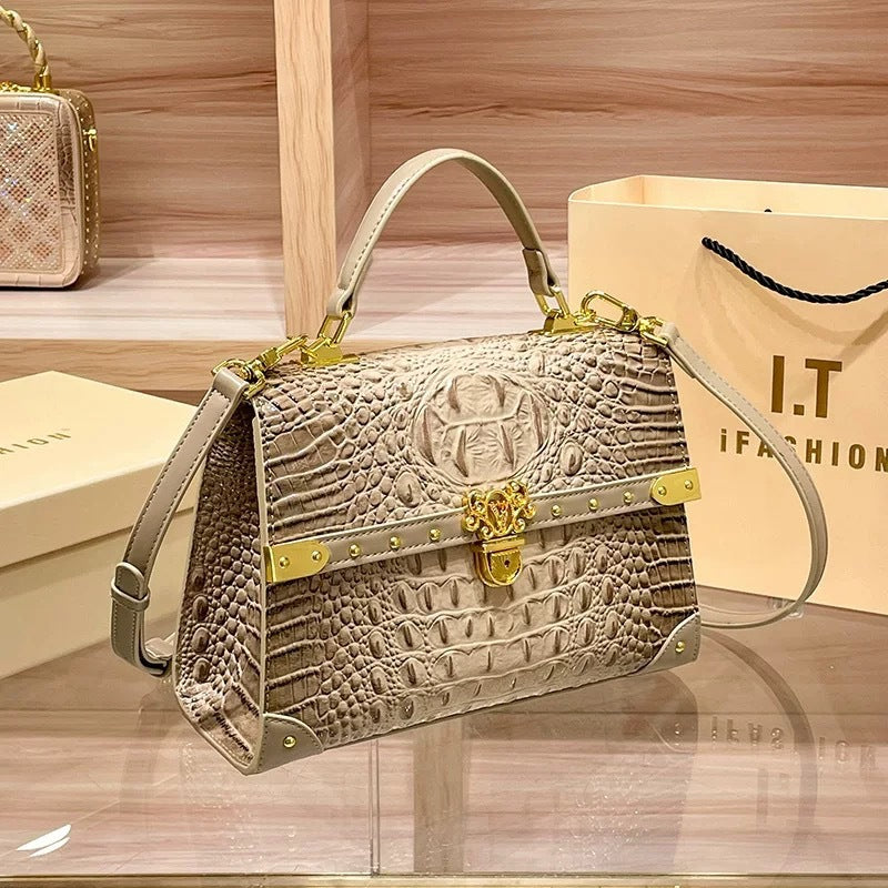 Genuine Leather Crocodile-Embossed Lock Buckle Handbag for Women, New Fashionable Versatile Shoulder Crossbody Purse, Trendy Bag for Ladies