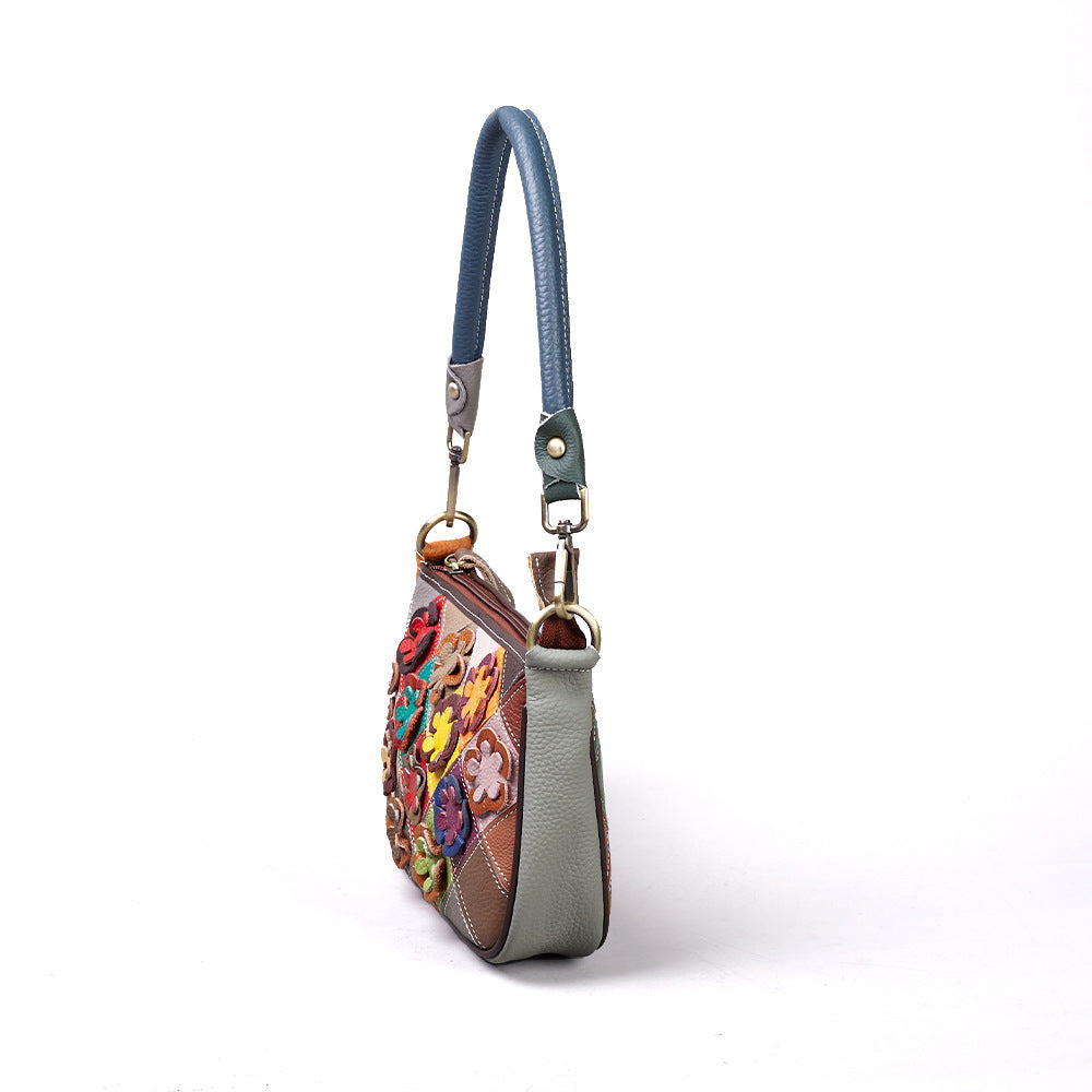 New Handmade Color Block Top Layer Cowhide Bag, Crossbody Top Handle Small Purse, Versatile Wristlet Handbag for Women