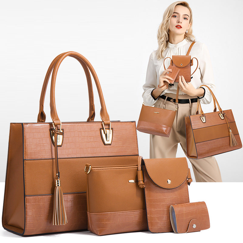 New Crocodile-Embossed Large Capacity 4-in-1 Tote Set, Trendy Tassel Shoulder Crossbody Bag, Versatile Mother-Child Handbag for Women