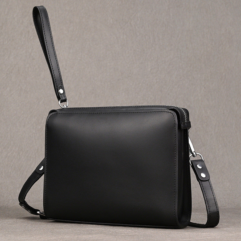 Black Business Clutch with Wrist Strap, 24cm Large Capacity Top Layer Cowhide Wallet, Men's Shoulder Bag for Work and Travel