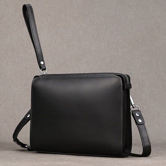 Black Business Clutch with Wrist Strap, 24cm Large Capacity Top Layer Cowhide Wallet, Men's Shoulder Bag for Work and Travel