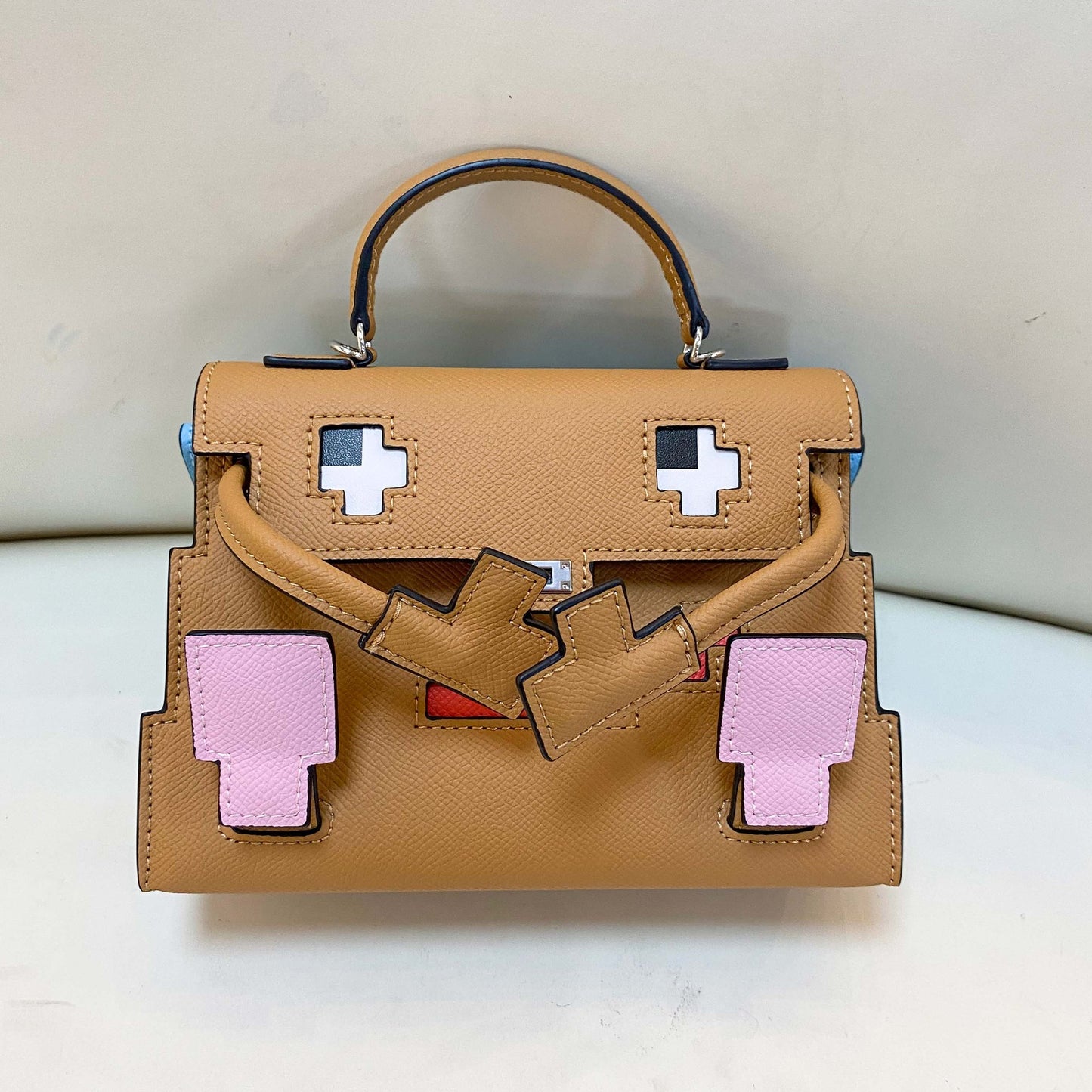 Genuine Leather Mosaic Doll Kelly-Style Bag for Women, Summer Bestseller Niche Designer Top Handle Shoulder Crossbody Purse, Cartoon Print Handbag for Ladies