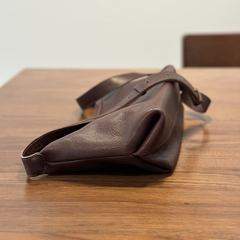 Vegetable-Tanned Soft Cowhide Crossbody Bag for Women, Vintage Pleated Shoulder Purse, Casual Small Leather Handbag for Ladies