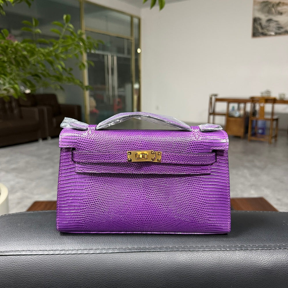 Genuine Top Layer Cowhide Lizard-Embossed Kelly-Style 22cm Bag for Women, Hand-Stitched Waxed Thread with Hand-Hammered Hardware, Lambskin Lining Square Purse with Full Steel Hardware for Ladies