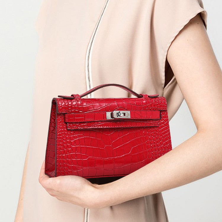 Genuine Leather Red Crocodile-Embossed Kelly-Style Handbag for Women, New Premium Shoulder Crossbody Top Handle Purse, Chic Bag for Ladies
