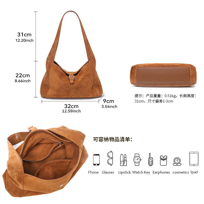 Genuine Suede Leather Underarm Tote Bag for Women Vintage Shoulder Handbag, Premium Textured Purse with Timeless Elegance
