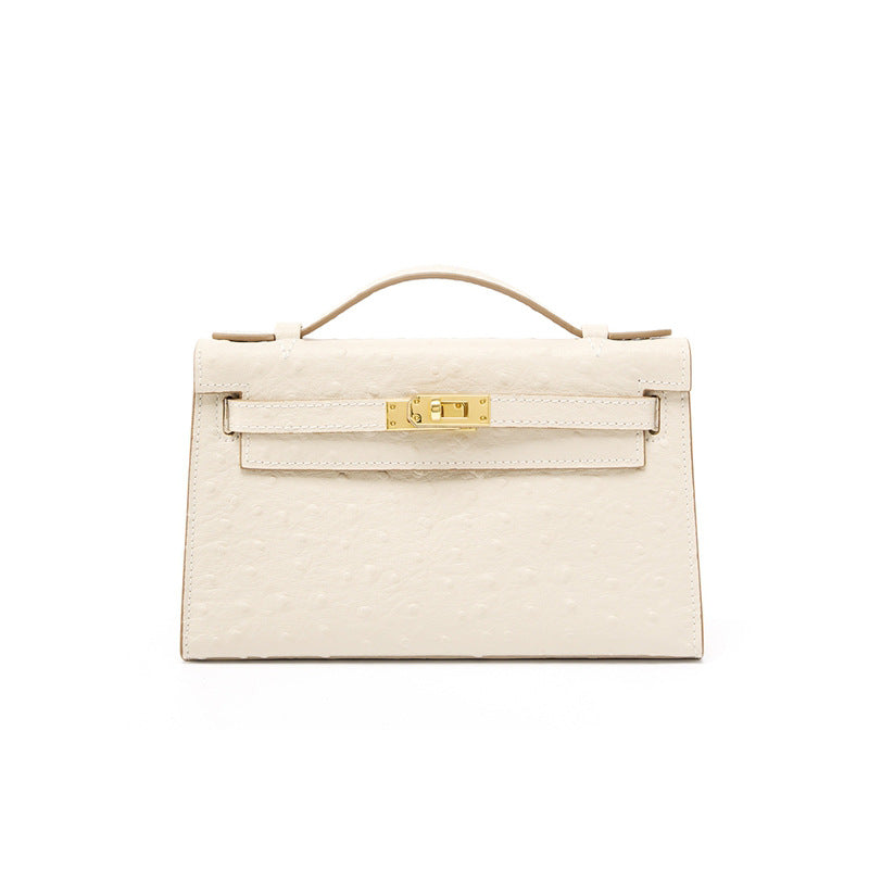 Ostrich-Embossed Kelly-Style Bag in Top Layer Cowhide, Premium Niche Design Shoulder Crossbody Top Handle Purse, Versatile Fashionable Handbag for Women