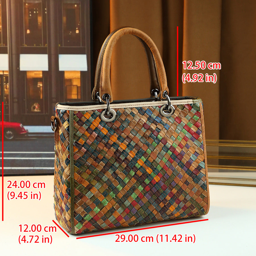 Genuine Leather Woven Square Bag for Women Vintage Style Large Capacity Top Handle Shoulder Crossbody Purse with Artisan Craftsmanship