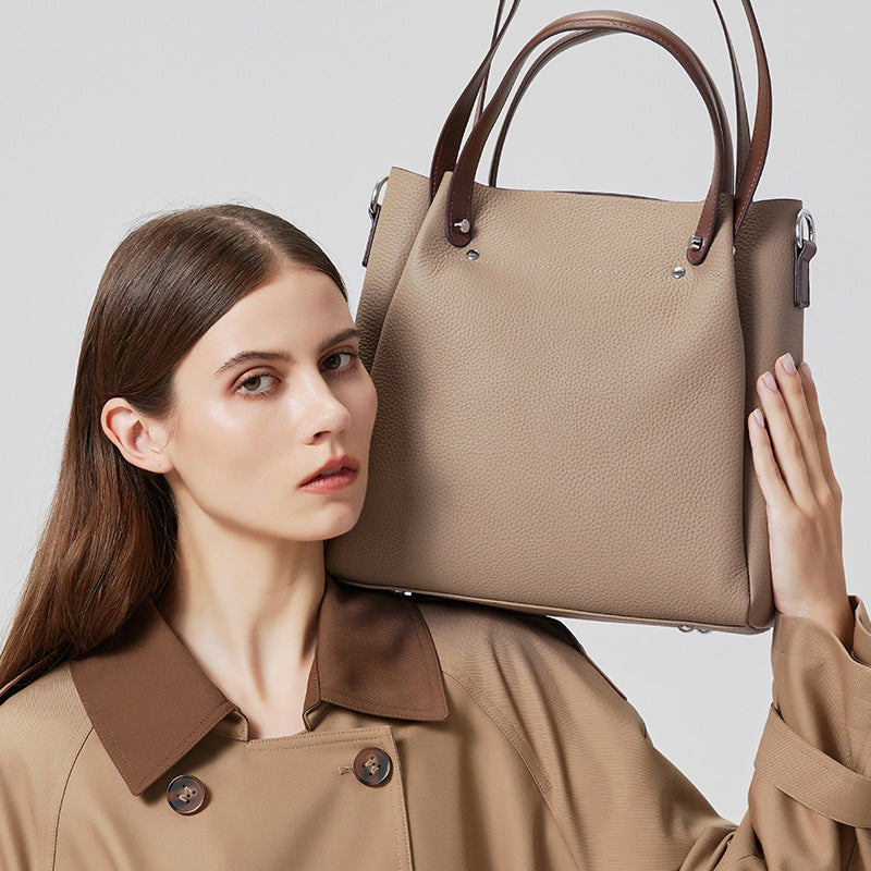 Top Layer Cowhide Color-Block Tote Bag for Women Soft Leather Large Capacity Commuter Shoulder Handbag, Fashion Versatile Purse with Premium Finish
