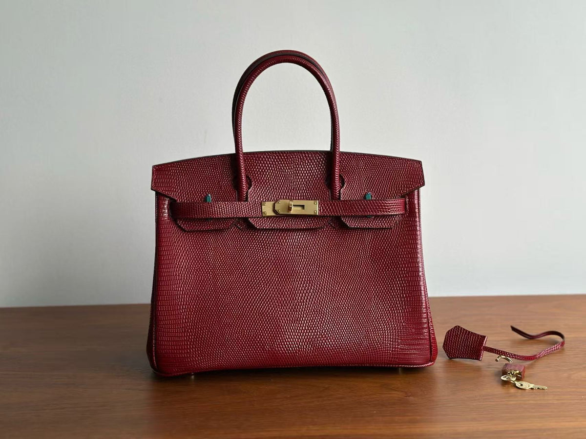 Genuine Top Layer Cowhide Lizard-Embossed Birkin 30cm Bag for Women, Hermès-Style Lock Clasp Top Handle Purse, Premium Leather Handbag for Ladies