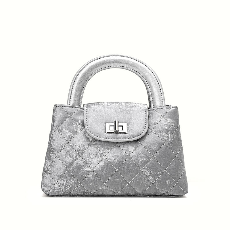 New Silver Chinese Style Silk Satin Chain Bag, Small Square Crossbody Top Handle Purse, Elegant Modern Oriental Handbag for Women