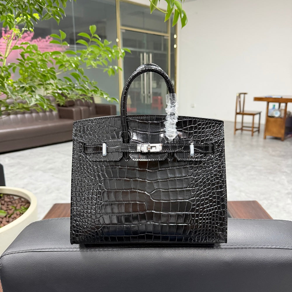 Genuine Top Layer Cowhide Crocodile-Embossed Birkin-Style 25 Bag for Women, External Stitching Hand-Stitched Waxed Thread with Steel Hardware, Lambskin Lining Handbag for Ladies