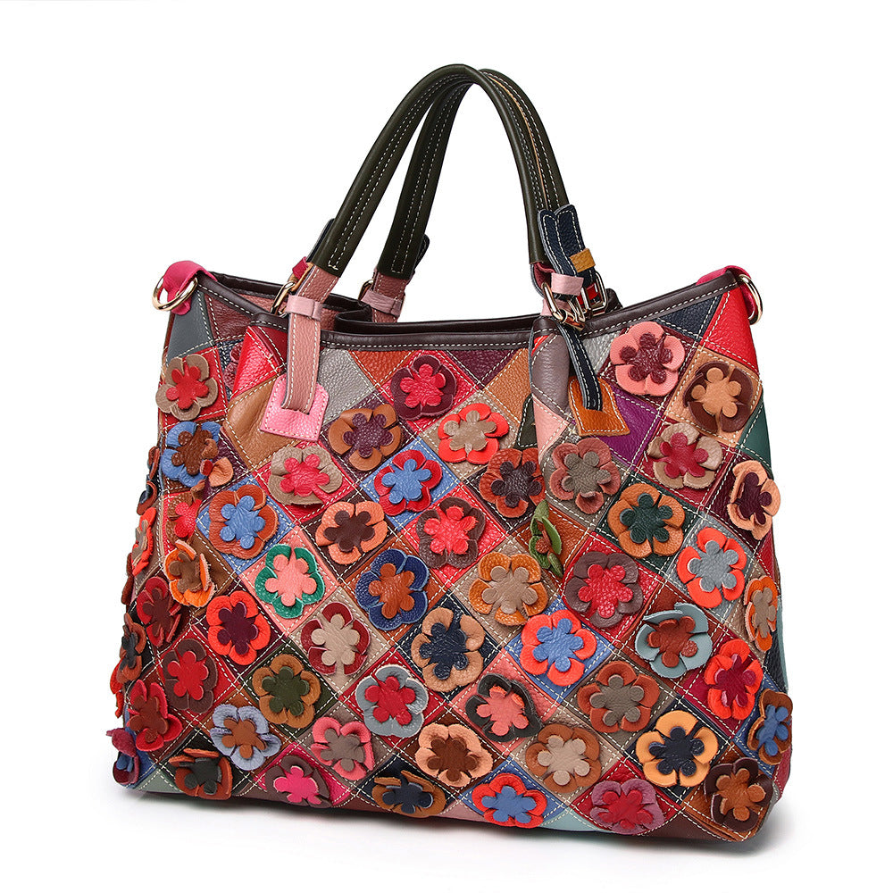 Genuine Top Layer Cowhide Colorful Floral Patchwork Handbag for Women, New Arrival Handmade Plaid Crossbody Shoulder Purse, Designer Leather Bag for Ladies