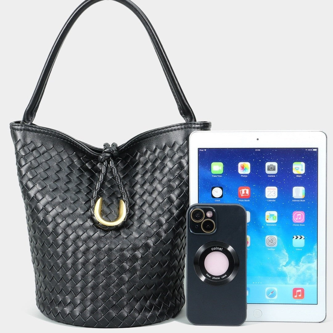 Genuine Leather Woven Bucket Bag for Women, Spring Summer Versatile Crossbody Commute Top Handle Purse, Premium Handbag for Ladies