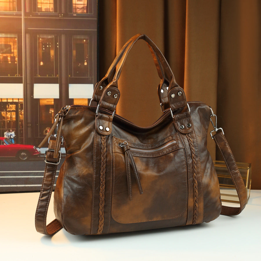 Vintage Distressed Leather Woven Tote Bag for Women Soft Slouchy Shoulder Underarm Handbag, Niche Designer Carryall with Artisan Texture