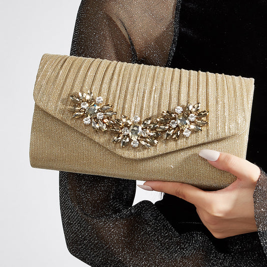 Rhinestone Embellished Chain Evening Clutch for Women, Champagne Versatile Shoulder Crossbody Purse, Chic Formal Party Handbag for Ladies