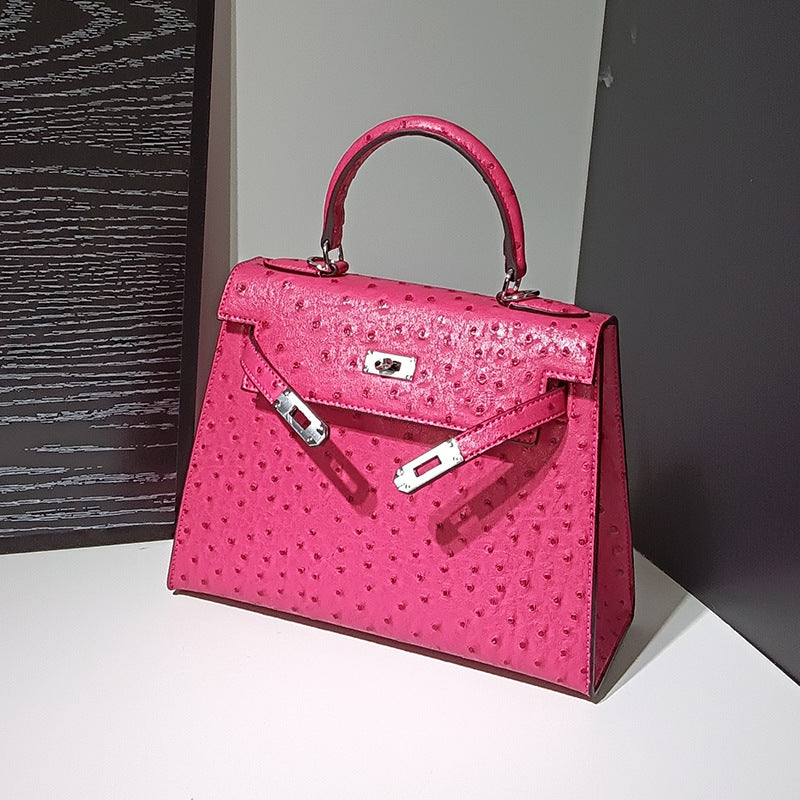 Genuine Leather Ostrich-Embossed Kelly-Style Bag for Women, New Spring Summer Premium Shoulder Crossbody Top Handle Purse, Fashionable Versatile Handbag for Ladies