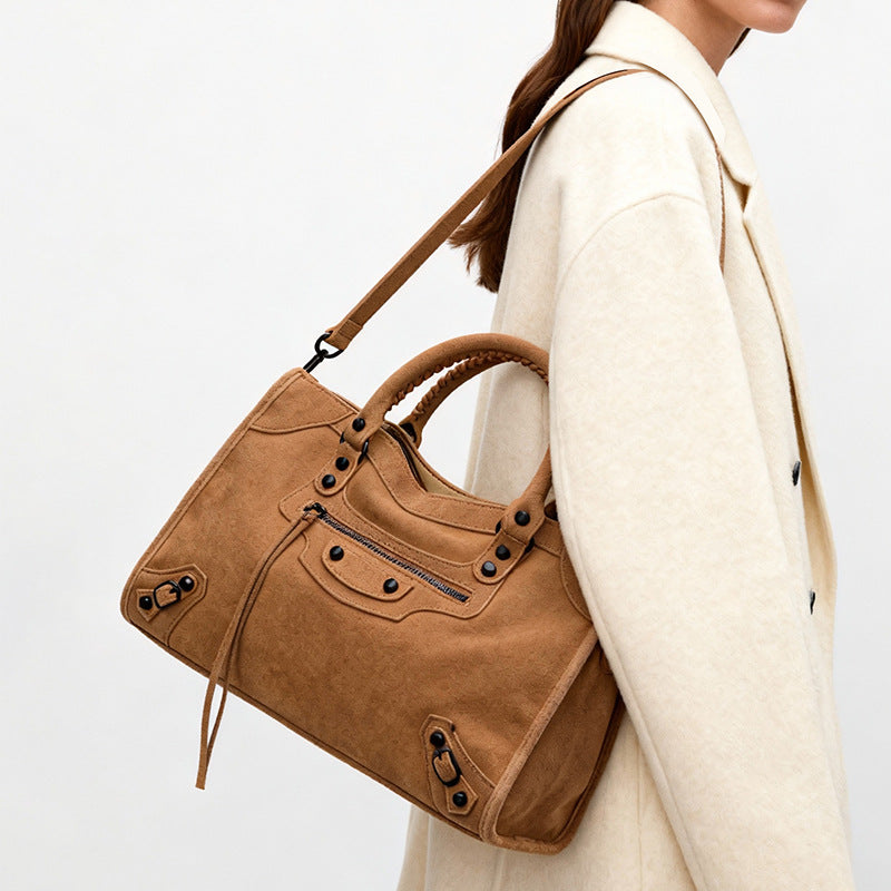 Genuine Matte Cowhide Biker Bag for Women, New Vintage Style Premium Top Handle Crossbody Purse, Fashionable Trendy Versatile Handbag for Ladies