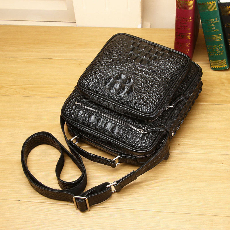 New Arrival Croc-Effect Genuine Leather Top-Handle Bag for Men, A Large Capacity Multi-Functional Business Shoulder Crossbody Handbag with Stylish Design