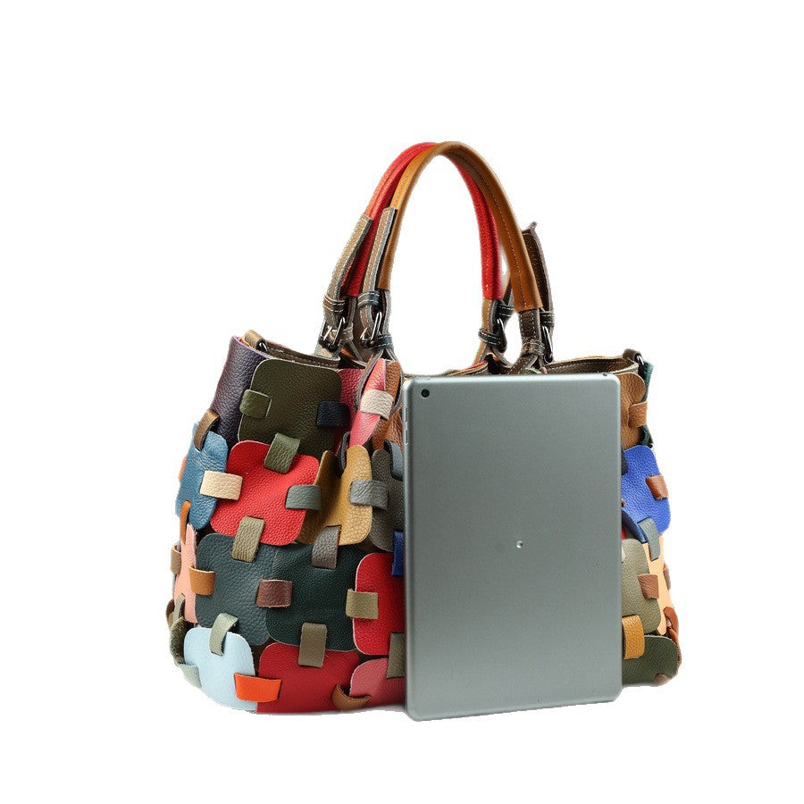 Woven Cowhide Patchwork Tote Bag for Women Large Capacity Colorful Top Handle Shoulder Crossbody Handbag with Premium Leather Craftsmanship