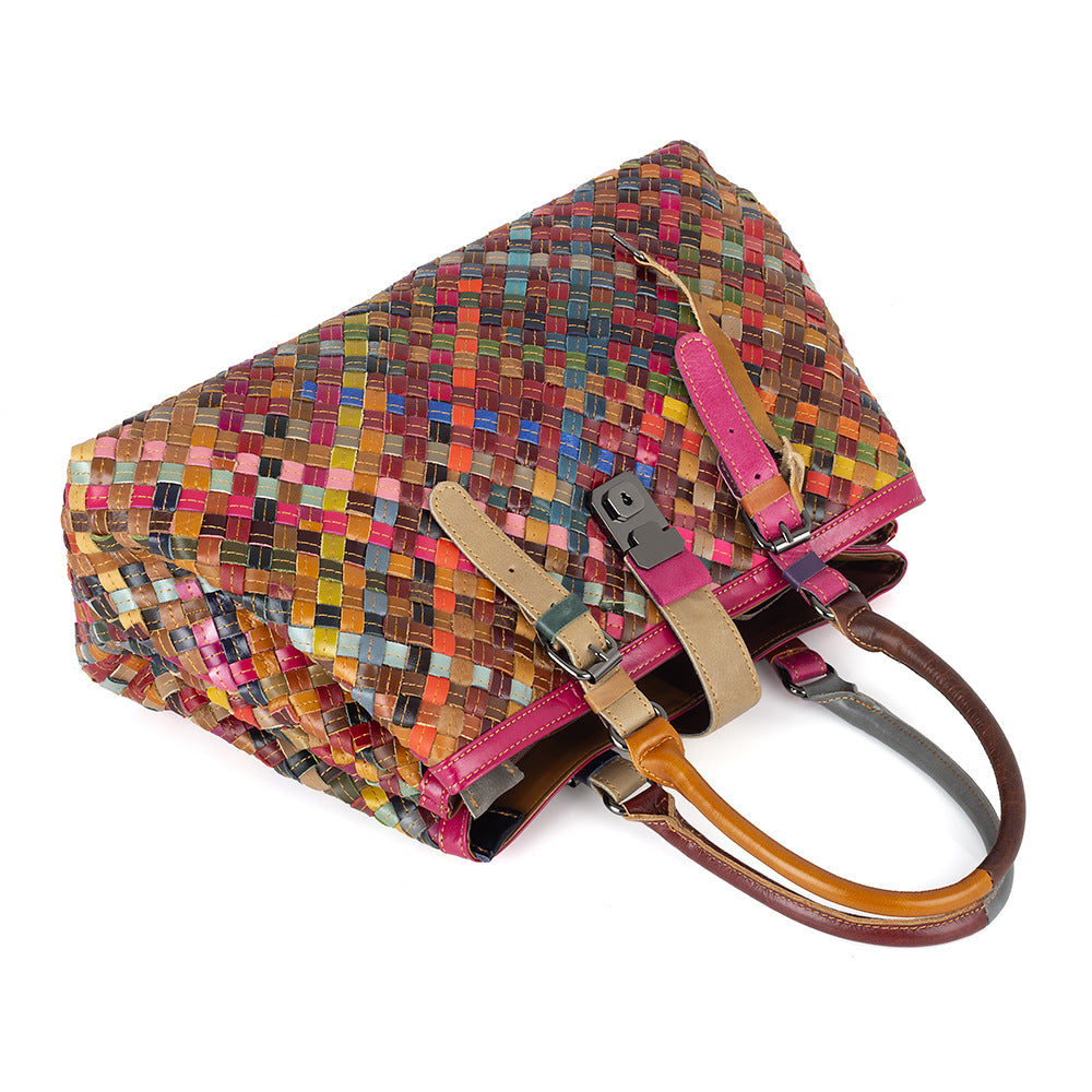 Genuine Cowhide Woven Multicolor Vintage Handbag for Women, Casual Lock Buckle Top Handle Crossbody Purse, Multi-Compartment Designer Bag for Ladies