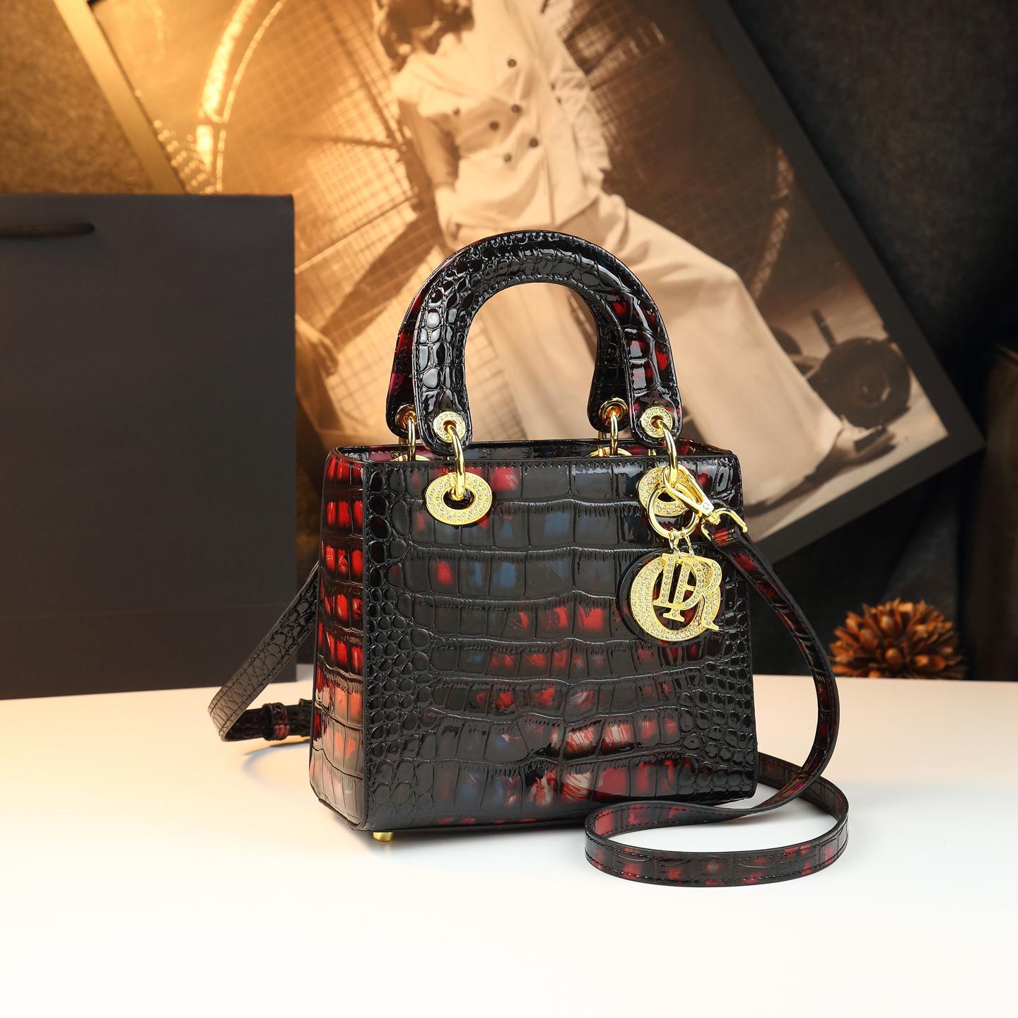 New Arrival Croc-Effect Lady-Inspired Small Square Bag for Women, A Genuine Leather Shoulder Crossbody Top-Handle Handbag with Premium Design