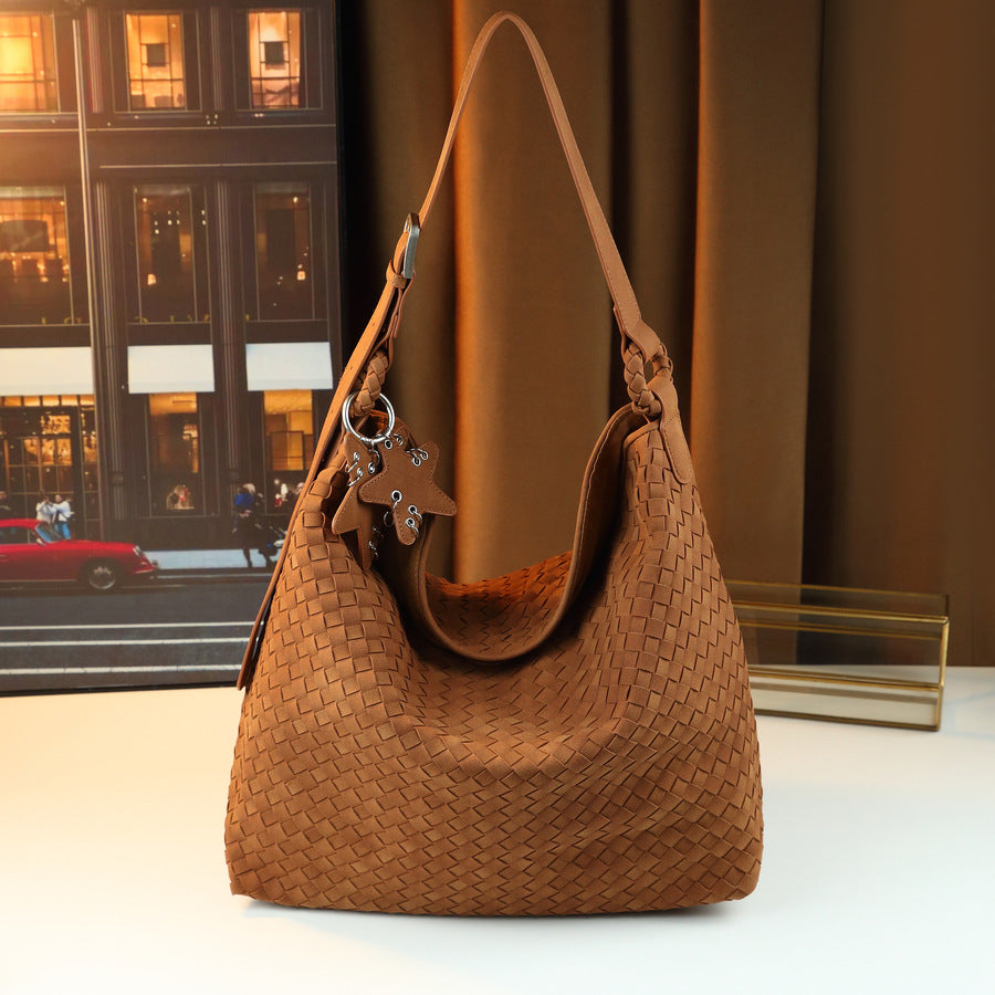 Handmade Frosted Woven Bucket Tote for Women Large Capacity Shoulder Crossbody Purse with Five-Pointed Star Design, Perfect for Fall Winter & Everyday Use
