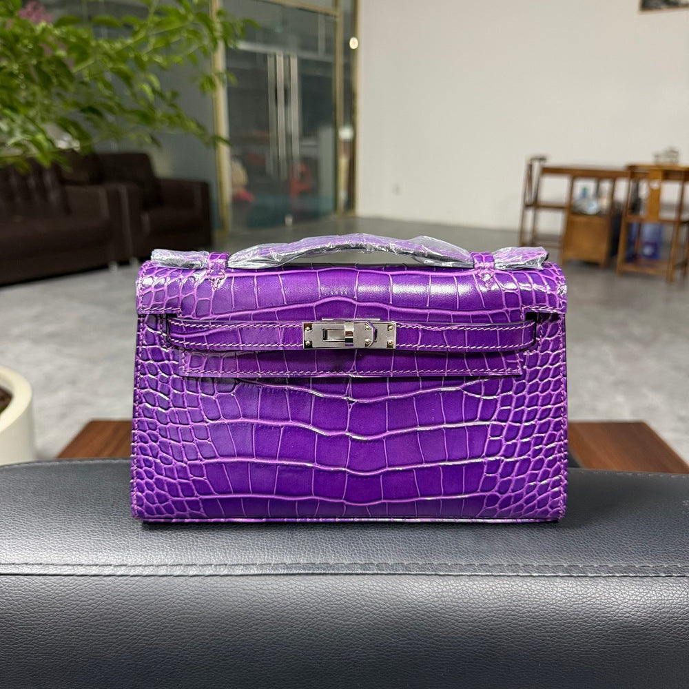 Genuine Top Layer Cowhide Crocodile-Embossed Kelly-Style 22cm Bag for Women, Hand-Stitched Waxed Thread with Full Steel Hardware, Light Luxury Small Square Top Handle Purse for Ladies