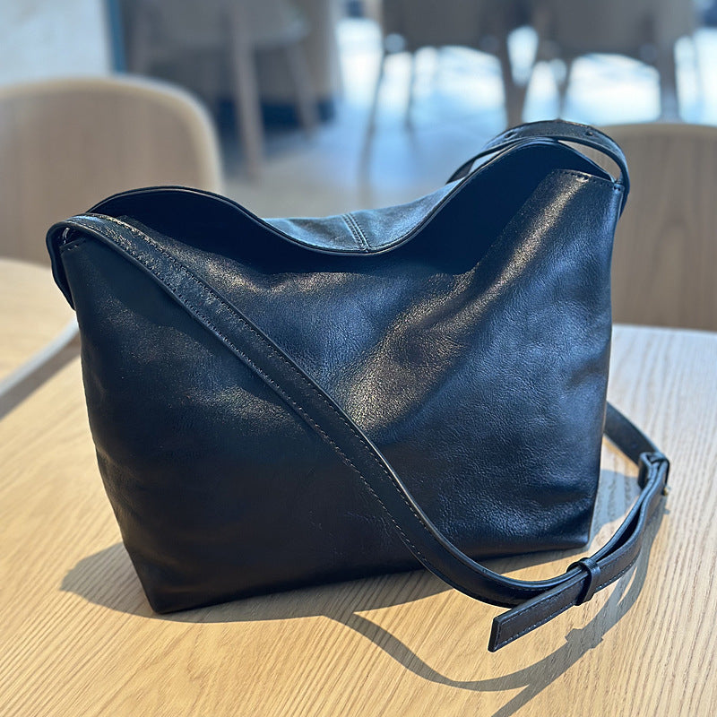 Genuine Vegetable-Tanned Cowhide Bag for Women, New Summer Minimalist Crossbody Purse, Vintage Large Capacity Commute Shoulder Handbag for Ladies