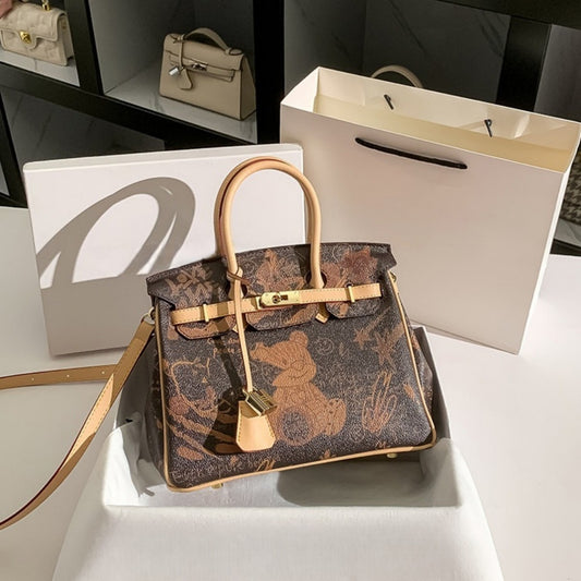 New Arrival Graffiti Bear Birkin-Inspired Tote Bag for Women, Large Capacity Shoulder Crossbody Handbag with Playful Versatile Design, Perfect Everyday Purse